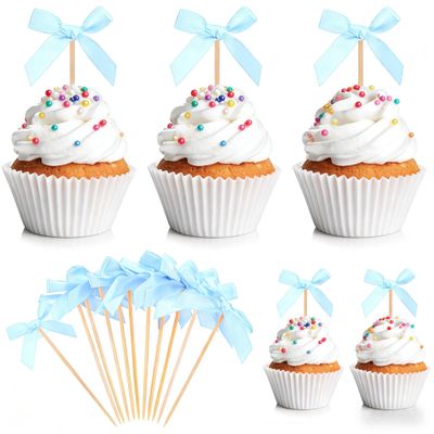 20Pcs Bow Cupcake Toppers-Bow Cake Bamboo Toothpicks for Cake Coquette Themed Birthday Decor Bowknot Ribbon Cupcake Topper for Graduation, Wedding, Mother's day, Anniversary Party Supplies(Blue)