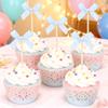20Pcs Bow Cupcake Toppers-Bow Cake Bamboo Toothpicks for Cake Coquette Themed Birthday Decor Bowknot Ribbon Cupcake Topper for Graduation, Wedding, Mother's day, Anniversary Party Supplies(Blue) view 3