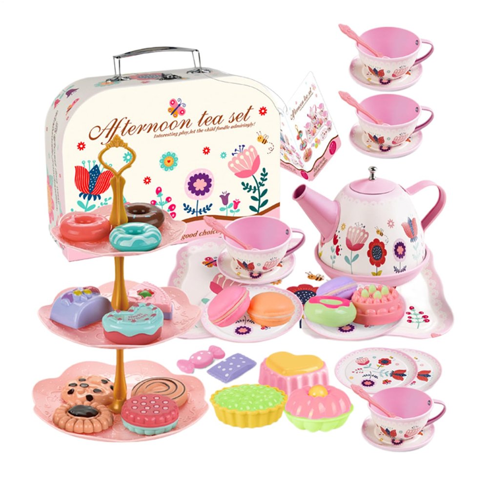 Genrico Tea Party Set , Toys Play Imitation Kitchen with Carrying Case Tinplate Boys and Girls 3 to 6 Years Old Family Gatherings