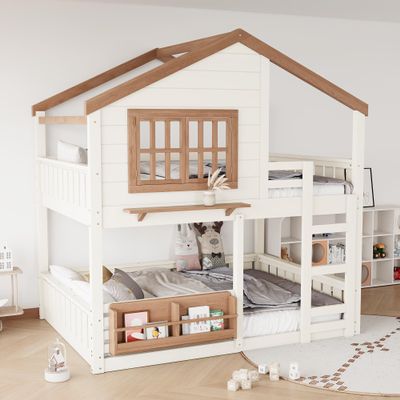 MERITLINE Twin Size Playhouse Bunk Bed for Kids, Double Decker Loft Bed with Bookshelf & Safety Guard Rails and Ladder, Fun Fairy-Tale Cottage Design Saves Space, Beige & Natural