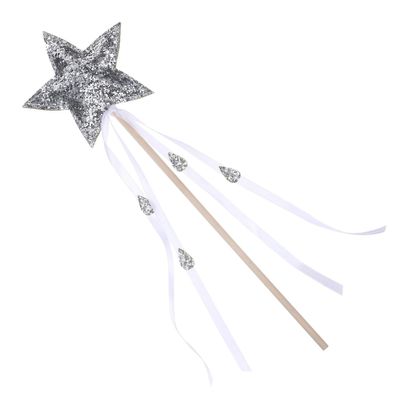 MERRYHAPY Silver Star Topper Fairy Wand with Ribbon Lightweight Cosplay Prop for Stage Performance Party Dance and Photography Star-Shaped Stick for Women