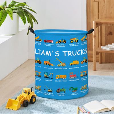Personalized Construction Truck Laundry Basket, Custom Name Waterproof Polyester Foldable Hamper Christmas Gift for Kids
