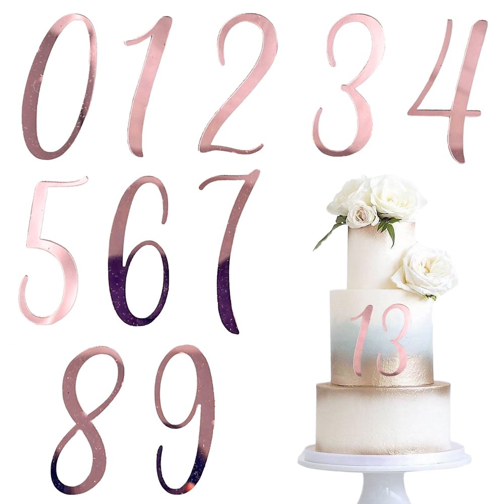 10 Pcs Acrylic Number 0-9 Cake Decorations, Rose Gold Mirror DIY Cake Toppers, Suitable for Birthday, Wedding, Anniversary Cake Decorations Party Supplies