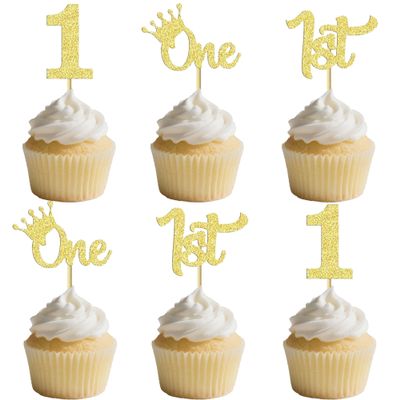 12Pcs Gold Glitter One Cupcake Toppers - 1st Baby Birthday Cupcake Decor for Baby Shower, 1st Anniversary Party Cake Decoration Supplies