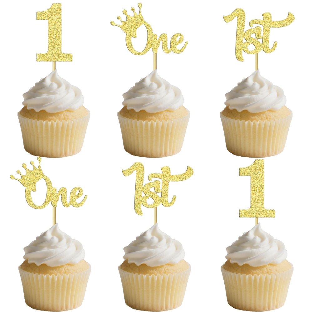 12Pcs Gold Glitter One Cupcake Toppers - 1st Baby Birthday Cupcake Decor for Baby Shower, 1st Anniversary Party Cake Decoration Supplies