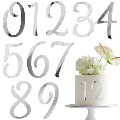 10 Pcs Silver Number Cake Decor - Mirror Acrylic 0-9 Cake Toppers, Suitable for Wedding, Birthdays & Anniversary Party Supplies Cake Decoration