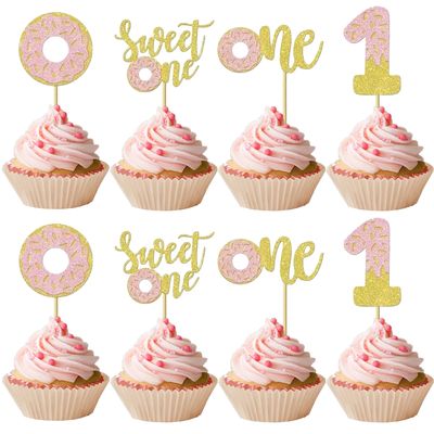 12 Pcs Pink Glitter Donut One Cupcake Decorations, Donut Theme 1st Birthday Cupcake Decor, Suitable for Baby Shower & Girl Birthday Party Cupcake Toppers Supplies