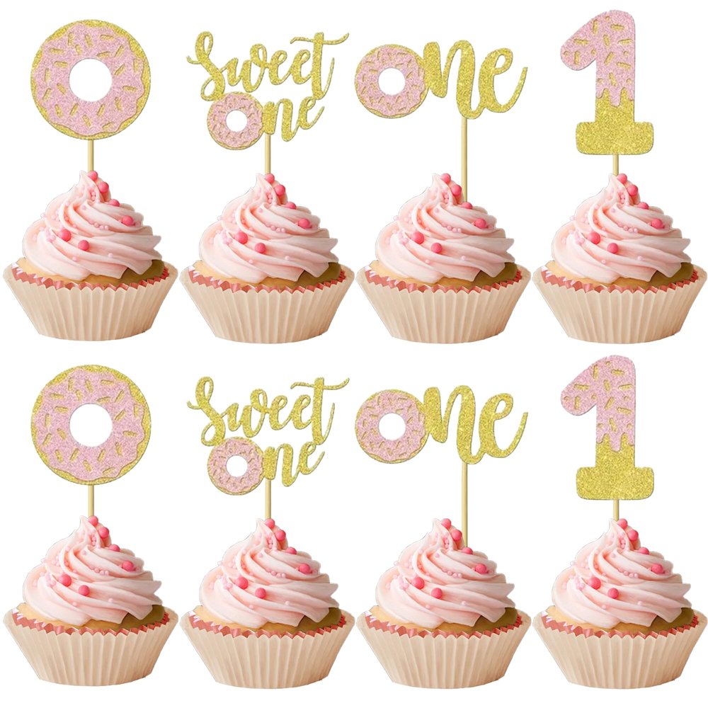 12 Pcs Pink Glitter Donut One Cupcake Decorations, Donut Theme 1st Birthday Cupcake Decor, Suitable for Baby Shower & Girl Birthday Party Cupcake Toppers Supplies