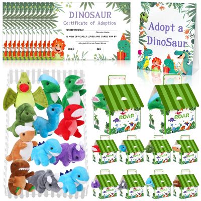 38 Pcs Adopt a Dinosaur Party Favors Include 12 Mini Dinosaur Stuffed Animals 12 Foldable House Gift Boxes 12 Adoption Card 1 Adoption Sign 1 Fence for Adopt A Pet Party Dino Birthday Supplies