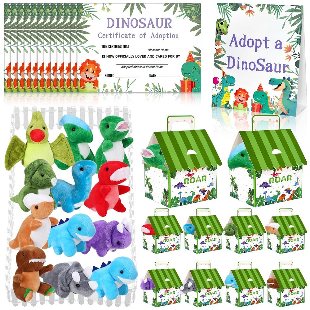 38 Pcs Adopt a Dinosaur Party Favors Include 12 Mini Dinosaur Stuffed Animals 12 Foldable House Gift Boxes 12 Adoption Card 1 Adoption Sign 1 Fence for Adopt A Pet Party Dino Birthday Supplies