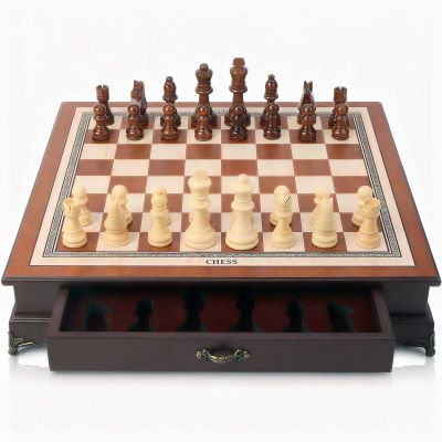 14.6-Inch Wooden Chess Set with Drawer Storage  Handmade Chess Board with 2 Extra Queens, Elegant Home Decor and Strategy Game for Adults & Beginners