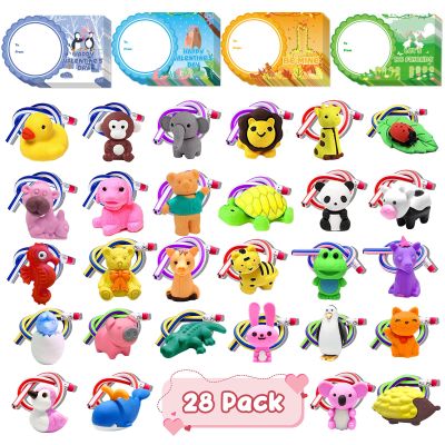 28 Pack Valentine's Day Gifts for Kids, Valentine Erasers for Kids Classroom School, Happy Valentine Cards with Animals Puzzle Erasers & Bendy Pencils, Party Exchange Favors Gifts for Boys Girls