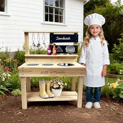 Vigorange Wooden Mud Kitchen, Outdoor Play Kitchen with Sink, Blackboard, Storage Shelves and Kitchen Accessories, Fir Wood Pretend Kitchen for Boys and Girls