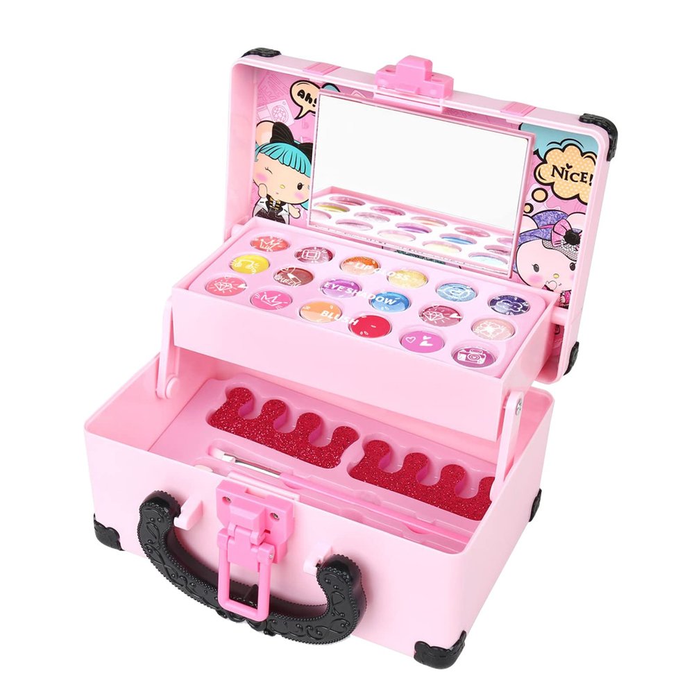 CENGNIAN 32Pcs Kid Makeup Kit for Girls 6-12, 2 Layers Folding Make Up Box Toy Set Child Beauty Cosmetic Kits for Little Girls Party Gifts