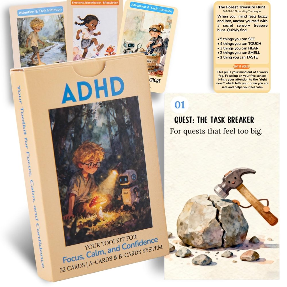 ADHD Skill Cards for Kids & Parents - 52 Guided Therapy Cards for Emotional Regulation, Focus & Social Skills - Pocket-Sized Behavior Management Tool with A/B System, Ages 6-12, Home School Therapy