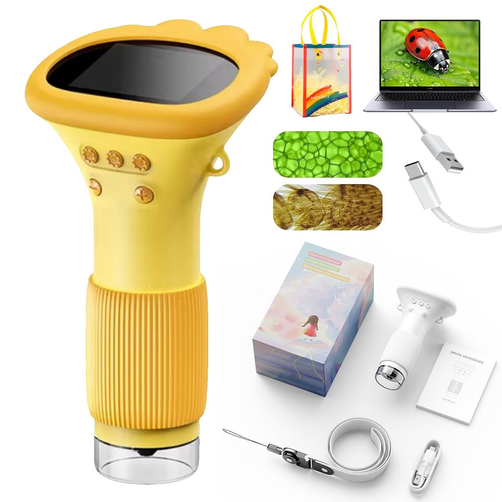 2026 Upgrade Mini Microscope for Kids, 1000x HD Handheld Digital Microscopes for Kids 8-12, Pocket Size Microscope Camera with 2" IPS Screen&LED Light, Science Edu Fun Gifts Toys for Children (Yellow)