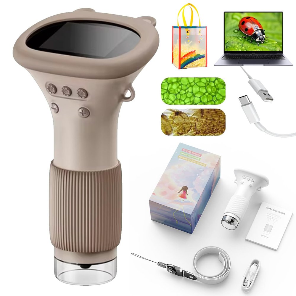 2026 Upgrade Mini Microscope for Kids, 1000x HD Handheld Digital Microscopes for Kids 8-12, Pocket Size Microscope Camera with 2" IPS Screen&LED Light, Science Edu Fun Gifts Toys for Children (Brown)