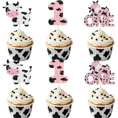 12 Pcs Glitter Cow One Birthday Cake Toppers - Pink Farm Animal Cake Decoration, Suitable for Baby Baptism, 1st Children Birthday Cake Decor Party Supplies