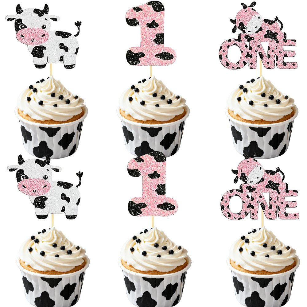 12 Pcs Glitter Cow One Birthday Cake Toppers - Pink Farm Animal Cake Decoration, Suitable for Baby Baptism, 1st Children Birthday Cake Decor Party Supplies