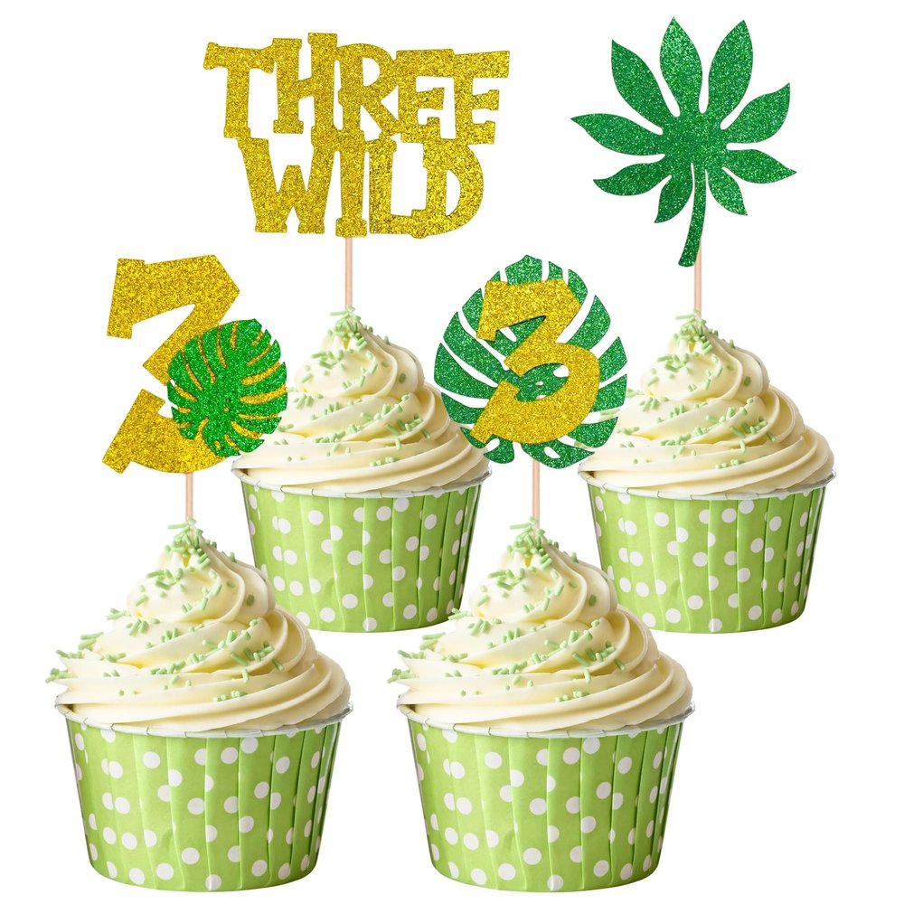 12 Pcs Glitter Gold Wild Three Cupcake Toppers Three years old Cupcake Decorations Jungle Safari Theme Cupcake Decor with Monstera Leaf for Baby Shower Kids 3rd Birthday Party Supplies