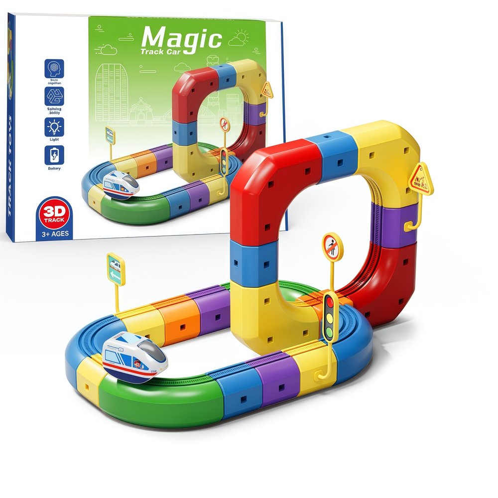 Electric Train Set for Kids,Build 3D DIY Track Building Kits with Train and Traffic Signs, Flexible Car Track Train Set,for 3 4 5 6 7 8 Years Old Boys Girls  (51PCS)