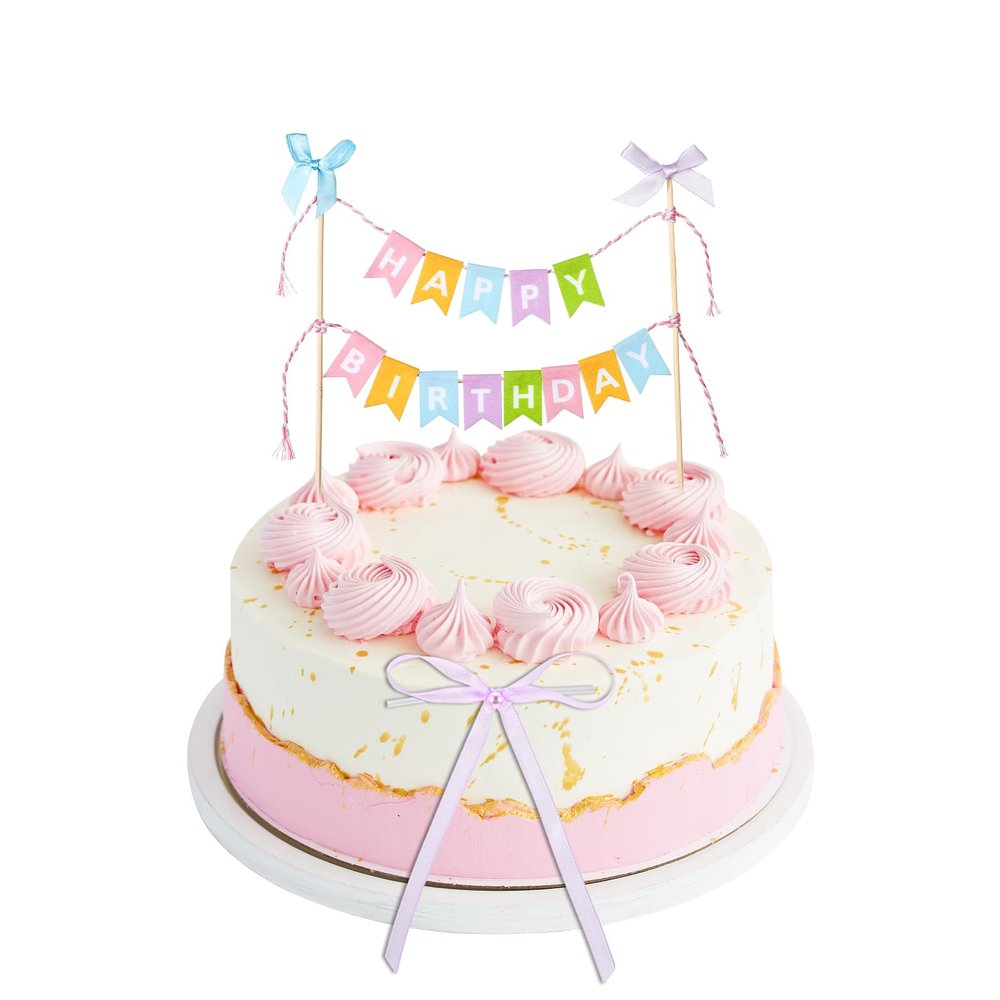 11 Pcs Happy Birthday Cake Topper Banner Bow Ribbon Cake Topper Happy Birthday Cakes Bunting Toppers with Wood Pole Handmade Pennant Flags with Bow Ribbon for Donut Cakes Cupcakes