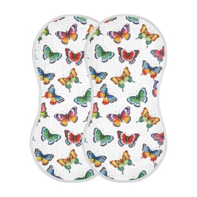 Qinllo Muslin Burp Cloths Colorful Butterflies White Pattern Cotton Baby Burp Cloths 2 Pack Soft Burping Cloth Absorbent Spit Up Rags for Newborn Baby Boys Girls 22"x11"