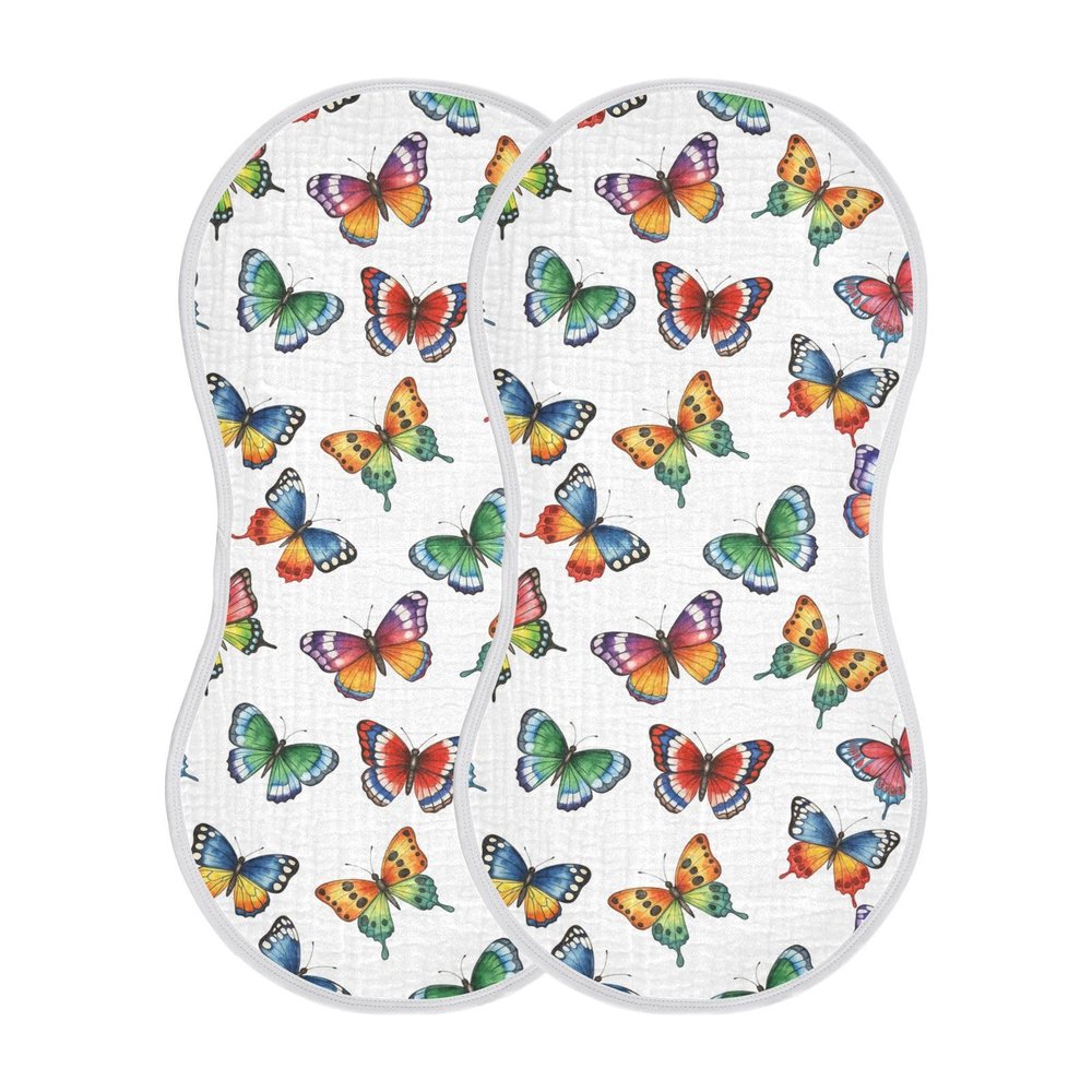 Qinllo Muslin Burp Cloths Colorful Butterflies White Pattern Cotton Baby Burp Cloths 2 Pack Soft Burping Cloth Absorbent Spit Up Rags for Newborn Baby Boys Girls 22"x11"