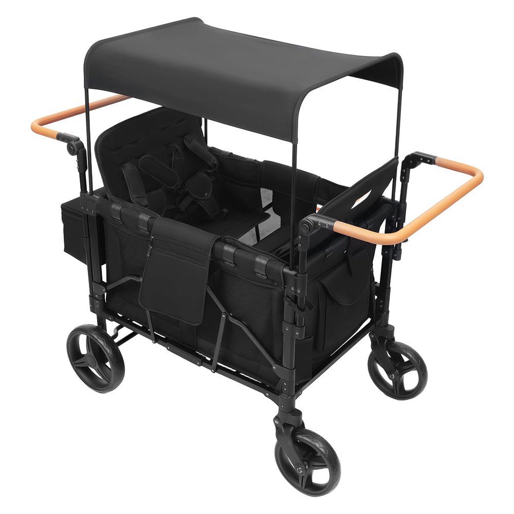 LyeXD 4 Seater Stroller Wagon, Collapsible Wagons for Toddler with 5-Point Harnesses & Detachable Canopy, Foldable Double Push Bar Wagon Stroller Featuring 4 High Seats for Garden, Camping