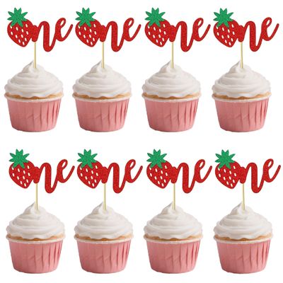 12 Pcs Red Glitter Strawberry "One" Cupcake Decoration - Fruit Theme Cupcake Topper, Suitable for 1st Birthday, Anniversary Party Cupcake Decor