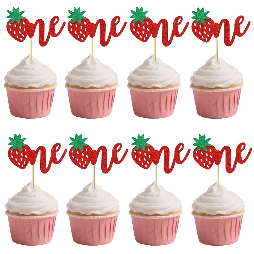 12 Pcs Red Glitter Strawberry "One" Cupcake Decoration - Fruit Theme Cupcake Topper, Suitable for 1st Birthday, Anniversary Party Cupcake Decor