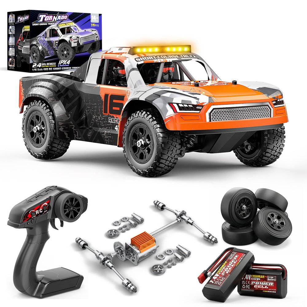 1:16 Beginner RC Cars,4WD Drift All Terrain Remote Control Car Short Course RC Truck, Up to 36 km/h,2.4GHz RTR, 27.4V 1300mAh Batteries, 2 Tire Sets , Metal Drivetrain,for Adults and boys age 8-12