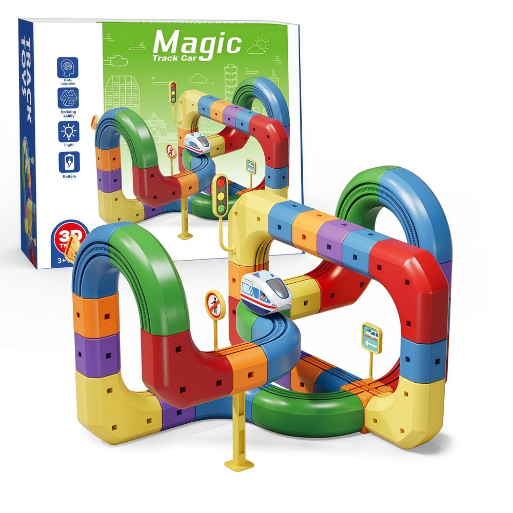 Electric Train Set for Kids,Build 3D DIY Track Building Kits with Train and Traffic Signs, Flexible Car Track Train Set,for 3 4 5 6 7 8 Years Old Boys Girls  (81PCS)