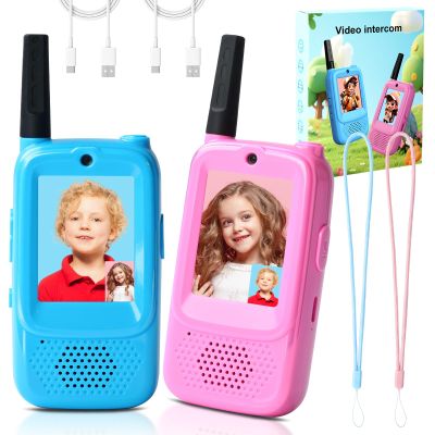 Video Walkie Talkies for Kids 2 Pack Walkie Talkie Rechargeable with Video Camera & 4 Voice Effects- Long Range Video Chat Walkie Talkies Kids' Toy Gift for Age 3-12 Boys Girls (Blue+Pink)