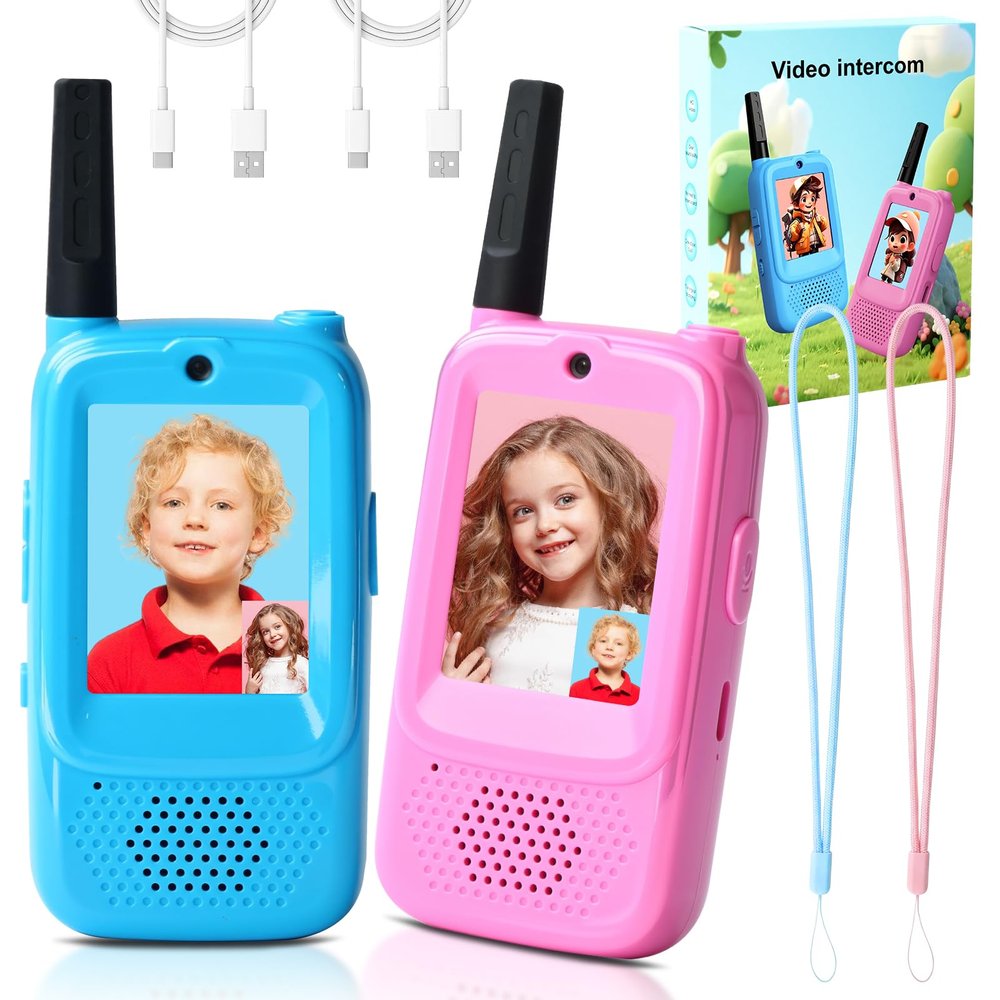 Video Walkie Talkies for Kids 2 Pack Walkie Talkie Rechargeable with Video Camera & 4 Voice Effects- Long Range Video Chat Walkie Talkies Kids' Toy Gift for Age 3-12 Boys Girls (Blue+Pink)