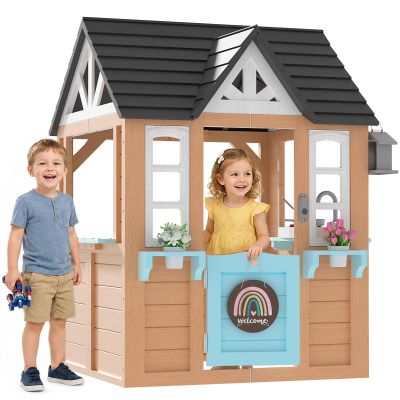 BIERUM Outdoor Playhouse for Kids - Wooden Kid Play House with Play Kitchen, Birdhouse, Flowerpot Holders and Mud Molds, Premium Wood Kids Cottage for Ages 3-8, Backyard Pretend Play