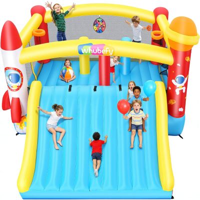 Inflatable Bounce House with Mega Elevated Slide for Big Kids 3-12 Space Rocket Bouncy Castle Play Center with 3 Dodge & Weave Obstacle Course Column, Head-to-Head Basketball Court & Dual-Target Games