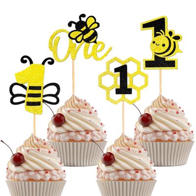 12 Pcs Bumble Bee One Birthday Cupcake Toppers Gold Glitter 1st Birthday Cupcake Decorations Number 1 Cupcake Decor for Bee Theme Baby Shower Boys Girls Party Supplies