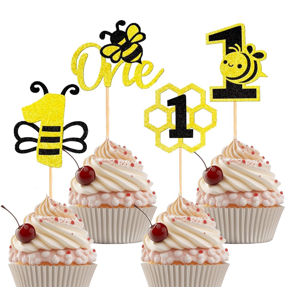 12 Pcs Bumble Bee One Birthday Cupcake Toppers Gold Glitter 1st Birthday Cupcake Decorations Number 1 Cupcake Decor for Bee Theme Baby Shower Boys Girls Party Supplies