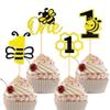 12 Pcs Bumble Bee One Birthday Cupcake Toppers Gold Glitter 1st Birthday Cupcake Decorations Number 1 Cupcake Decor for Bee Theme Baby Shower Boys Girls Party Supplies view 1