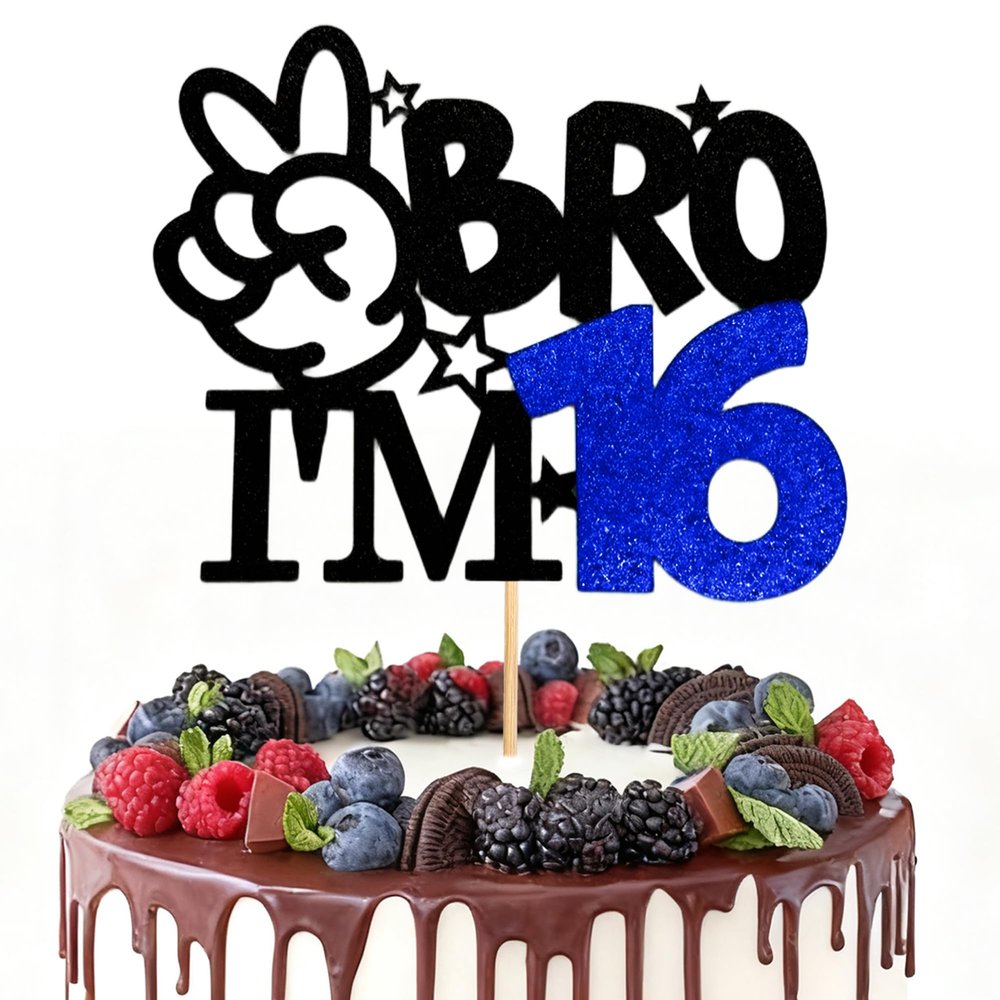 Bro I'm 16 Cake Topper Black Glitter Star 16th Happy Birthday Cake Decoration for Boys Cheers to 16 Years Old Birthday Party Cake Decor Supplies
