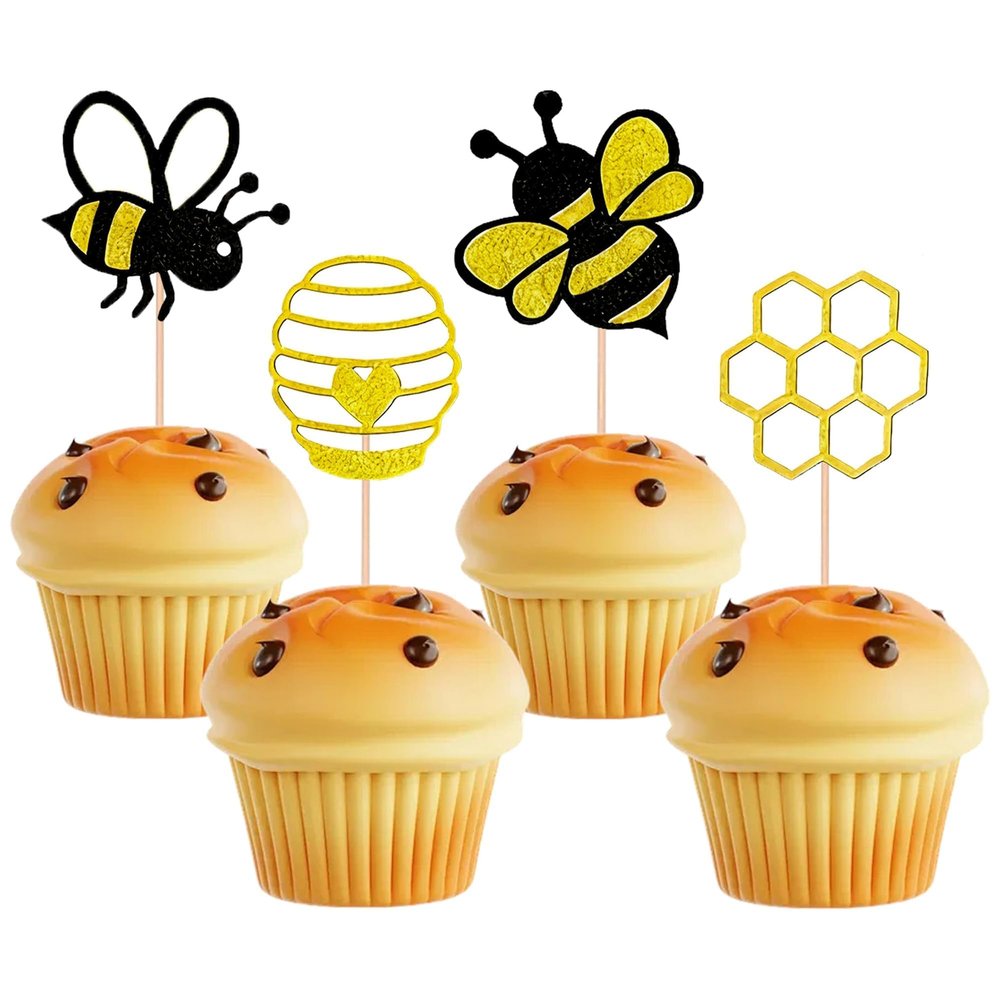 12 Pcs Gold Glitter Bumble Bee Cupcake Toppers Bee Theme Cupcake Decorations Bumble Honey Comb Cupcake Decor for Baby Shower Boys Girls Birthday Cupcake Decor Supplies
