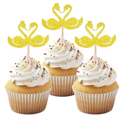 12 Pcs Gold Glitter Swan Cupcake Toppers Elegant Swan Cake Decoration with Crown Hollow Design Cupcake Decor for Gender Reveal Baby Shower Girls Women Birthday Party Supplies
