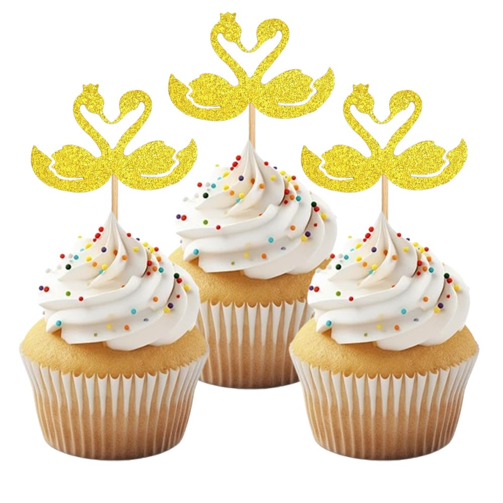 12 Pcs Gold Glitter Swan Cupcake Toppers Elegant Swan Cake Decoration with Crown Hollow Design Cupcake Decor for Gender Reveal Baby Shower Girls Women Birthday Party Supplies