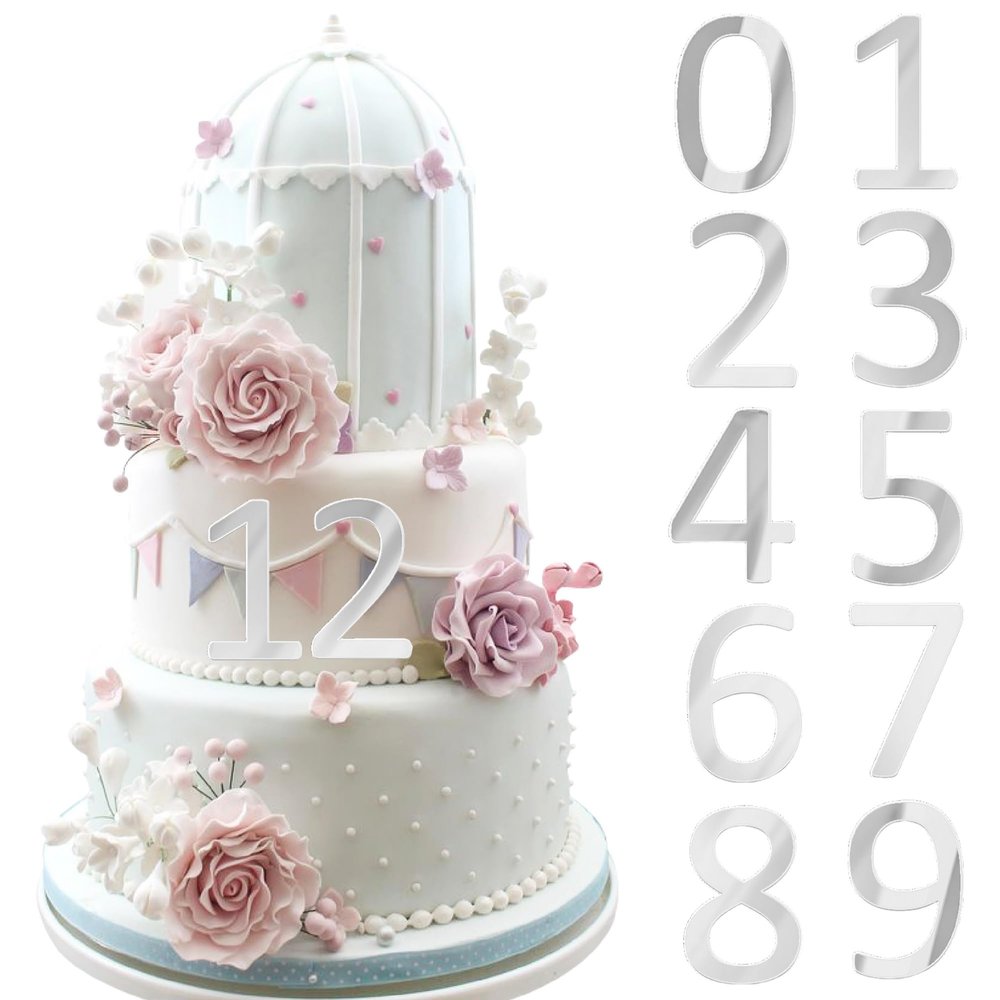 10 PCS Acrylic Number Cake Decoration Silver 0-9 Number Cake Decor Mirror Cake Toppers Suitable for Baby Showers Birthdays Anniversaries and Other Occasions