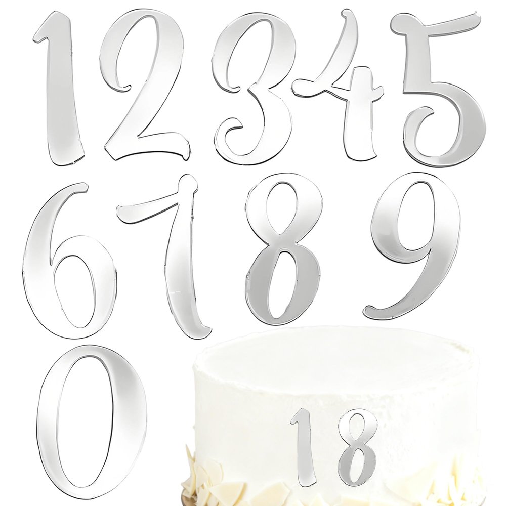 10 PCS Acrylic Number Cake Topper 0-9 Number Cake Decoration Silver Number Mirror Cake Decoration Suitable for Baby Showers Birthdays Anniversaries and Other Occasions
