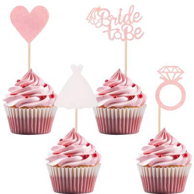 12 Pcs Rose Gold Glitter Bride to Be Cupcake Toppers Bridal Shower Cupcake Decorations Wedding Themed Cupcake Decor with Heart Ring Dress for Wedding Engagement Party Cupcake Decorations