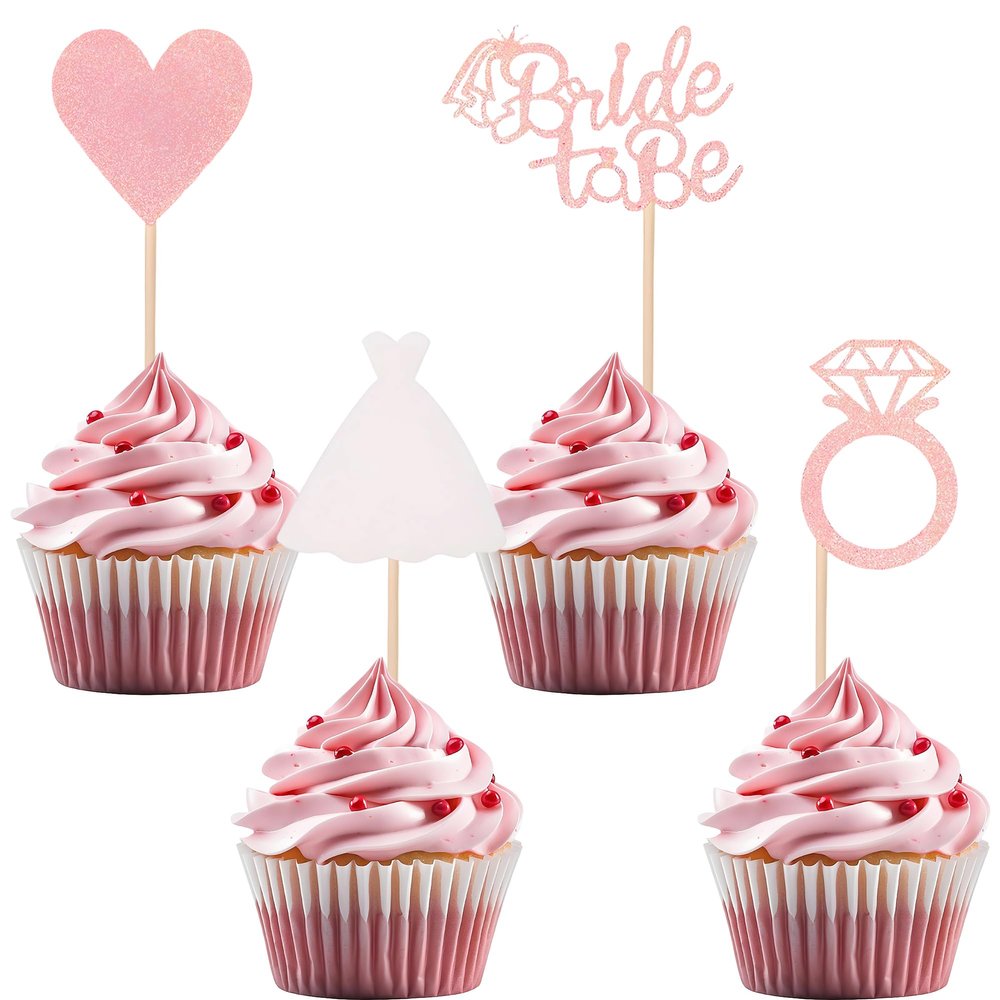12 Pcs Rose Gold Glitter Bride to Be Cupcake Toppers Bridal Shower Cupcake Decorations Wedding Themed Cupcake Decor with Heart Ring Dress for Wedding Engagement Party Cupcake Decorations