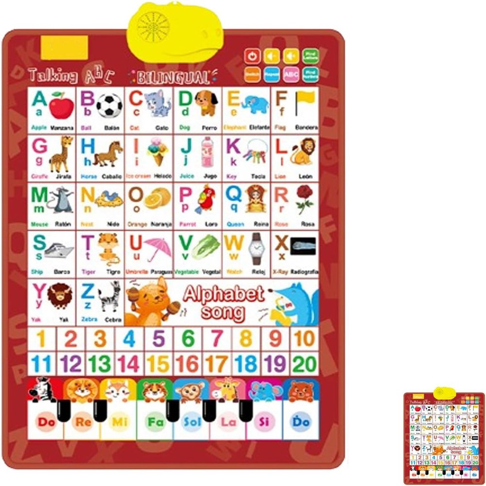 Bilingual Interactive Wall Chart for Kids English & Spanish ABC Song Poster with Sound Effects, Alphabet, Numbers, Animal Words & Piano for Toddlers 1-6 (Red)