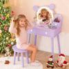 Garvee Kids Vanity Set with Lights,Bear-Shaped Make Up Vanity Desk with Mirror&Stool,Wooden Princess Toddler Make Up Table Set for Bedroom,Pretend Play Vanity Sets for Little Girls(Purple) view 1